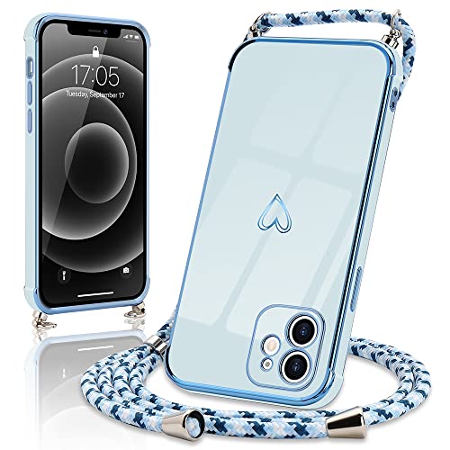 Micoden Handykette kompatibel mit iPhone 11 hülle Ultra dünn Kameraschutz Herz Love Design Galvanik TPU Silikon Bumper Kordel zum Umhängen Handyhülle mit Band Schutzhülle,Blau von Micoden