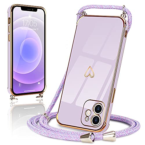 Micoden Handykette kompatibel mit iPhone 12 Hülle Ultra dünn Kameraschutz Herz Love Design Galvanik TPU Silikon Bumper Kordel zum Umhängen Handyhülle mit Band Schutzhülle,Lila von Micoden