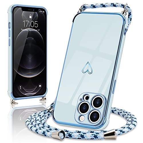 Micoden Handykette kompatibel mit iPhone 12 Pro Max hülle Ultra dünn Kameraschutz Herz Love Design Galvanik TPU Silikon Bumper Kordel zum Umhängen Handyhülle mit Band Schutzhülle,Blau von Micoden