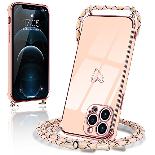 Micoden Handykette kompatibel mit iPhone 12 Pro Max hülle Ultra dünn Kameraschutz Herz Love Design Galvanik TPU Silikon Bumper Kordel zum Umhängen Handyhülle mit Band Schutzhülle,Rosa von Micoden