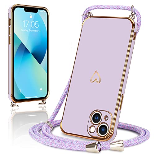 Micoden Handykette kompatibel mit iPhone 13 Hülle Ultra dünn Kameraschutz Herz Love Design Galvanik TPU Silikon Bumper Kordel zum Umhängen Handyhülle mit Band Schutzhülle,lila von Micoden