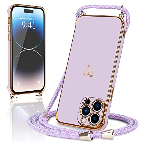 Micoden Handykette kompatibel mit iPhone 14 Pro hülle Ultra dünn Kameraschutz Herz Love Design Galvanik Silikon Bumper Kordel zum Umhängen Handyhülle mit Band Schutzhülle,Lila von Micoden