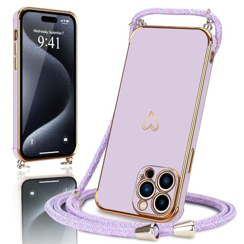 Micoden Handykette kompatibel mit iPhone 15 Pro Max hülle Ultra dünn Kameraschutz Herz Love Design Galvanik Silikon Bumper Case Kordel zum Umhängen Handyhülle mit Band Schutzhülle,Lila von Micoden