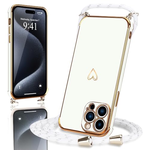 Micoden Handykette kompatibel mit iPhone 15 Pro Max hülle Ultra dünn Kameraschutz Herz Love Design Galvanik Silikon Bumper Case Kordel zum Umhängen Handyhülle mit Band Schutzhülle,Weiß von Micoden