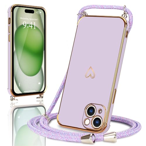 Micoden Handykette kompatibel mit iPhone 15 hülle Ultra dünn Kameraschutz Herz Love Design Galvanik Silikon Bumper Case Kordel zum Umhängen Handyhülle mit Band Schutzhülle,Lila von Micoden