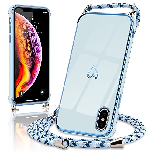 Micoden Handykette kompatibel mit iPhone X,iPhone XS hülle Ultra dünn Kameraschutz Herz Love Design Galvanik TPU Silikon Bumper Kordel zum Umhängen Handyhülle mit Band Schutzhülle,Blau von Micoden