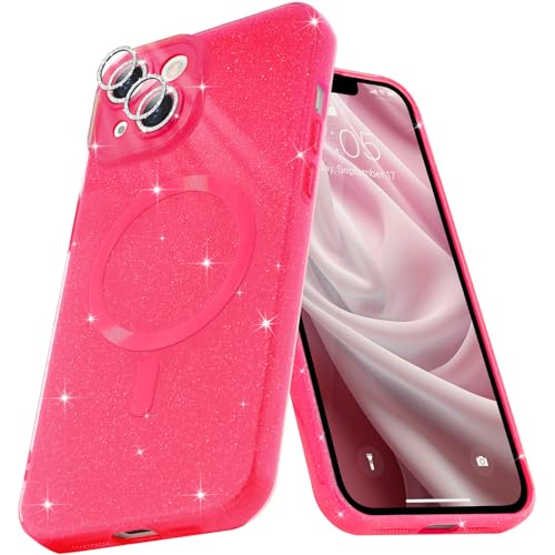 Micoden Glitzer Hülle für iPhone 13,kompatibel mit MagSafe [Diamant Kamera Schutzfolie] Kameraschutz Magnetische Handyhülle Dünne Weich Silikon TPU Case Mädchen Stoßfeste Schutzhülle,Rose Rot von Micoden