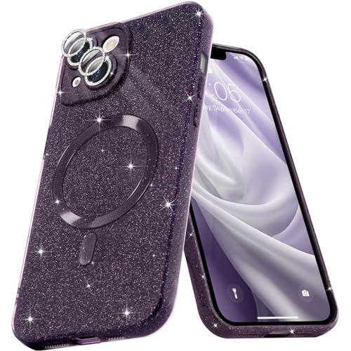 Micoden Glitzer Hülle für iPhone 13,kompatibel mit MagSafe [Diamant Kamera Schutzfolie] Kameraschutz Magnetische Handyhülle Dünne Weich Silikon TPU Case Mädchen Stoßfeste Schutzhülle,dunkellila von Micoden