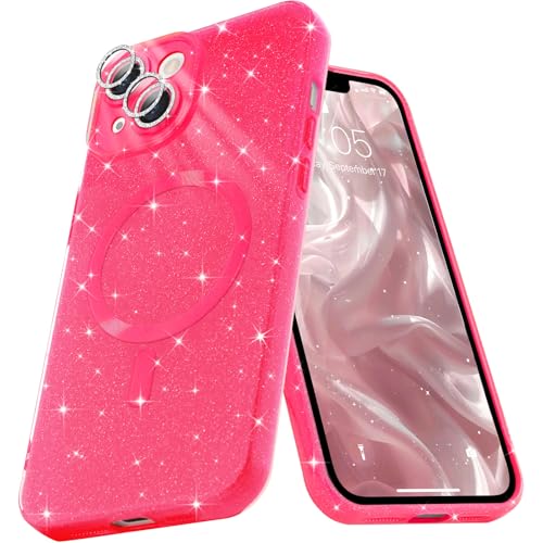 Micoden Glitzer Hülle für iPhone 14,kompatibel mit MagSafe [Diamant Kamera Schutzfolie] Kameraschutz Magnetische Handyhülle Dünne Weich Silikon TPU Case Mädchen Stoßfeste Schutzhülle,Rose Rot von Micoden