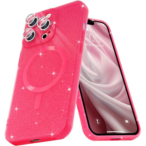 Micoden Glitzer Hülle für iPhone 14 Pro Max,kompatibel mit MagSafe [Diamant Kamera Schutzfolie] Kameraschutz Magnetische Handyhülle Dünne Weich Silikon TPU Case Mädchen Stoßfeste Schutzhülle,Rose Rot von Micoden