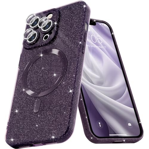 Micoden Glitzer Hülle für iPhone 14 Pro Max,kompatibel mit MagSafe [Diamant Kamera Schutzfolie] Kameraschutz Magnetische Handyhülle Dünne Weich Silikon Case Mädchen Stoßfeste Schutzhülle,dunkellila von Micoden