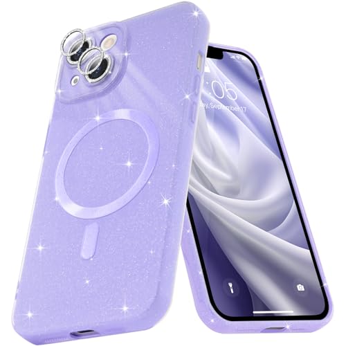 Micoden Glitzer Hülle für iPhone 15,kompatibel mit MagSafe [Diamant Kamera Schutzfolie] Kameraschutz Magnetische Handyhülle Dünne Weich Silikon TPU Case Mädchen Stoßfeste Schutzhülle,Helles Lila von Micoden