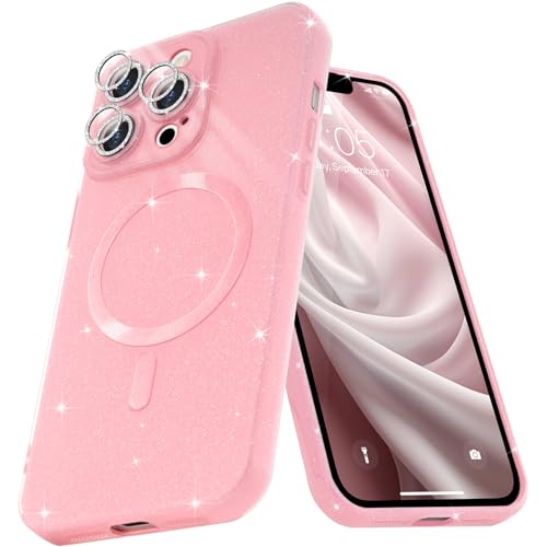 Micoden Glitzer Hülle für iPhone 15 Pro Max,kompatibel mit MagSafe [Diamant Kamera Schutzfolie] Kameraschutz Magnetische Handyhülle Dünne Weich Silikon TPU Case Mädchen Stoßfeste Schutzhülle,Rosa von Micoden