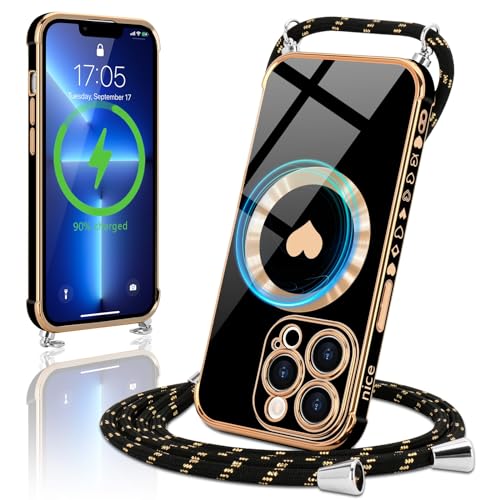 Micoden Magnetische Handykette für iPhone 13 Pro Max Necklace Hülle mit Band kompatibel mit Magsafe Kameraschutz Herz Silikon Case Kordel zum Umhängen Handyhülle Stoßfeste Schutzhülle,Schwarz von Micoden