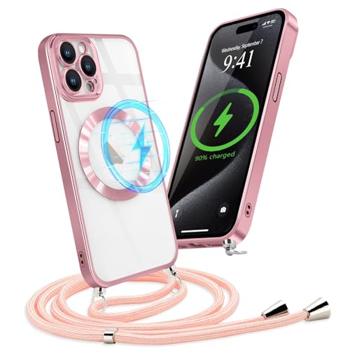 Micoden Magnetische Handykette für iPhone 15 Pro Max mit Band [Kompatibel mit MagSafe] Kameraschutz Galvanik Transparent Silikon Case Abnehmbar Kordel zum Umhängen Handyhülle Schutzhülle,Rosa von Micoden