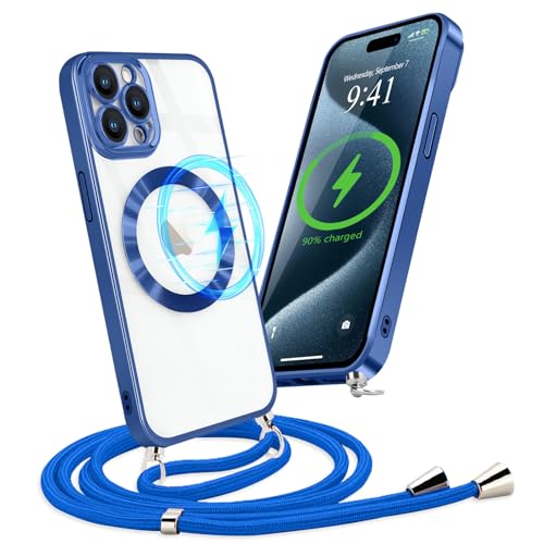 Micoden Magnetische Handykette für iPhone 15 Pro mit Band [Kompatibel mit MagSafe] Kameraschutz Galvanik Transparent Silikon Case Abnehmbar Kordel zum Umhängen Handyhülle Schutzhülle,Blau von Micoden