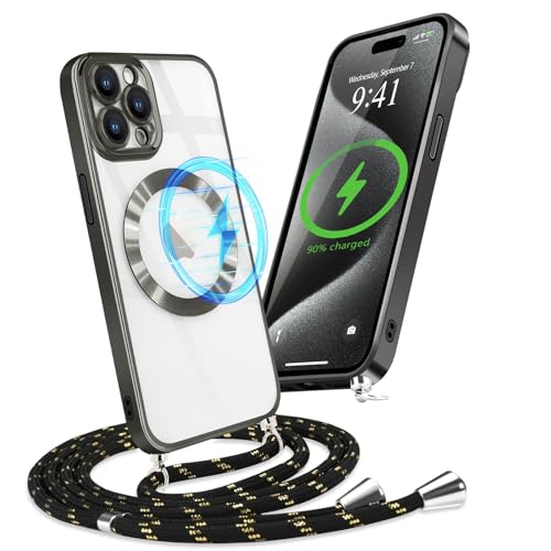 Micoden Magnetische Handykette für iPhone 15 Pro mit Band [Kompatibel mit MagSafe] Kameraschutz Galvanik Transparent Silikon Case Abnehmbar Kordel zum Umhängen Handyhülle Schutzhülle,Schwarz von Micoden