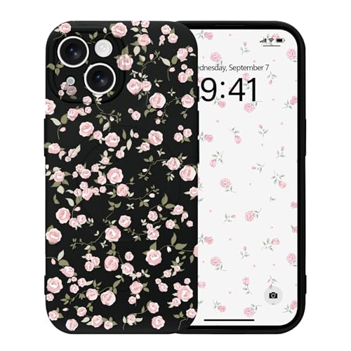 Micoden Magnetische Hülle für iPhone 13, Blumen Muster Handyhülle [Kompatibel mit Magsafe] Kameraschutz Niedlich Floral Weich Silikon TPU Case für Mädchen Frauen Stoßfest Schutzhülle,Schwarz von Micoden