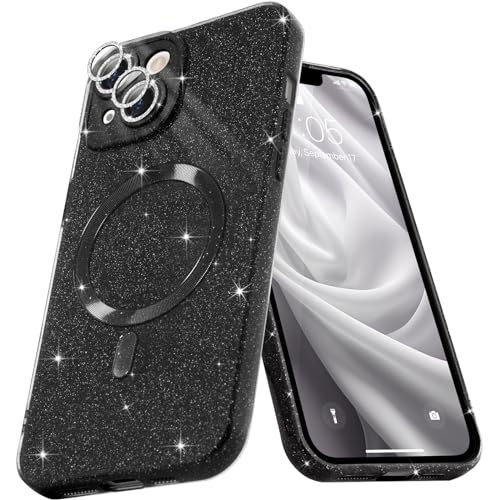 Micoden Glitzer Hülle für iPhone 13,kompatibel mit MagSafe [Diamant Kamera Schutzfolie] Kameraschutz Magnetische Handyhülle Dünne Weich Silikon TPU Case Mädchen Stoßfeste Schutzhülle,Schwarz von Micoden