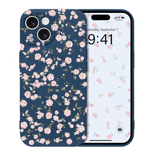 Micoden Magnetische Hülle für iPhone 14, Blumen Muster Handyhülle [Kompatibel mit Magsafe] Kameraschutz Niedlich Floral Weich Silikon TPU Case für Mädchen Frauen Stoßfest Schutzhülle,Blau von Micoden