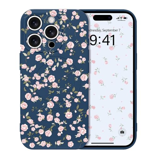 Micoden Magnetische Hülle für iPhone 14 Pro, Blumen Muster Handyhülle [Kompatibel mit Magsafe] Kameraschutz Niedlich Floral Weich Silikon TPU Case für Mädchen Frauen Stoßfest Schutzhülle,Blau von Micoden