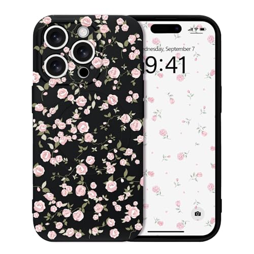 Micoden Magnetische Hülle für iPhone 14 Pro, Blumen Muster Handyhülle [Kompatibel mit Magsafe] Kameraschutz Niedlich Floral Weich Silikon TPU Case für Mädchen Frauen Stoßfest Schutzhülle,Schwarz von Micoden