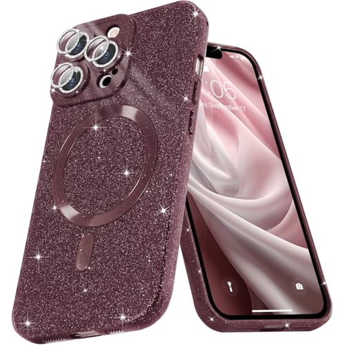 Micoden Glitzer Hülle für iPhone 14 Pro Max,kompatibel mit MagSafe [Diamant Kamera Schutzfolie] Kameraschutz Magnetische Handyhülle Dünne Weich Silikon Case Mädchen Stoßfeste Schutzhülle,Kastanienrot von Micoden