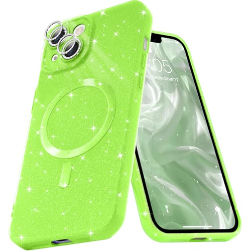 Micoden Glitzer Hülle für iPhone 14,kompatibel mit MagSafe [Diamant Kamera Schutzfolie] Kameraschutz Magnetische Handyhülle Dünne Weich Silikon TPU Case Mädchen Stoßfeste Schutzhülle,Hellgrün von Micoden