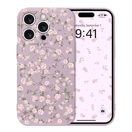 Micoden Magnetische Hülle für iPhone 15 Pro Max, Blumen Muster Handyhülle [Kompatibel mit Magsafe] Kameraschutz Niedlich Floral Weich Silikon TPU Case für Mädchen Frauen Stoßfest Schutzhülle,Lila von Micoden