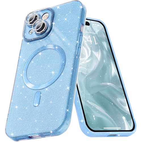Micoden Glitzer Hülle für iPhone 15,kompatibel mit MagSafe [Diamant Kamera Schutzfolie] Kameraschutz Magnetische Handyhülle Dünne Weich Silikon TPU Case Mädchen Stoßfeste Schutzhülle,Blau von Micoden