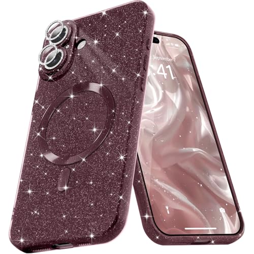 Micoden Glitzer Hülle für iPhone 16 Plus,kompatibel mit MagSafe [Diamant Kamera Schutzfolie] Kameraschutz Magnetische Handyhülle Dünne Weich Silikon Case Mädchen Stoßfeste Schutzhülle,Kastanienrot von Micoden