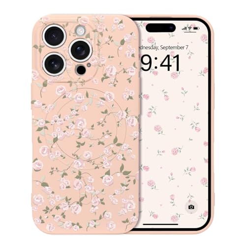 Micoden Magnetische Hülle für iPhone 16 Pro Max, Blumen Muster Handyhülle [Kompatibel mit Magsafe] Kameraschutz Niedlich Floral Weich Silikon TPU Case für Mädchen Frauen Stoßfest Schutzhülle,Rosa von Micoden