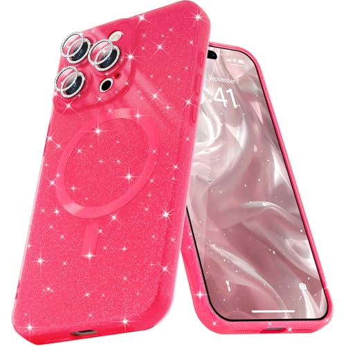 Micoden Glitzer Hülle für iPhone 16 Pro Max,kompatibel mit MagSafe [Diamant Kamera Schutzfolie] Kameraschutz Magnetische Handyhülle Dünne Weich Silikon TPU Case Mädchen Stoßfeste Schutzhülle,Rose Rot von Micoden