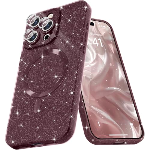 Micoden Glitzer Hülle für iPhone 16 Pro,kompatibel mit MagSafe [Diamant Kamera Schutzfolie] Kameraschutz Magnetische Handyhülle Dünne Weich Silikon TPU Case Mädchen Stoßfeste Schutzhülle,Kastanienrot von Micoden