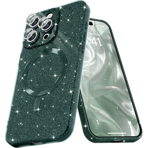 Micoden Glitzer Hülle für iPhone 16 Pro,kompatibel mit MagSafe [Diamant Kamera Schutzfolie] Kameraschutz Magnetische Handyhülle Dünne Weich Silikon TPU Case Mädchen Stoßfeste Schutzhülle,Grün von Micoden