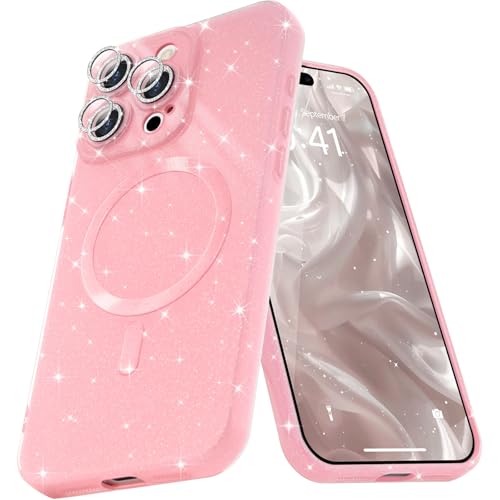 Micoden Glitzer Hülle für iPhone 16 Pro,kompatibel mit MagSafe [Diamant Kamera Schutzfolie] Kameraschutz Magnetische Handyhülle Dünne Weich Silikon TPU Case Mädchen Stoßfeste Schutzhülle,Rosa von Micoden