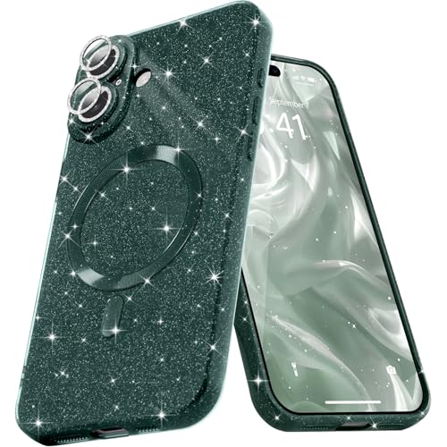 Micoden Glitzer Hülle für iPhone 16 mit Diamant Kamera Schutzfolie Handyhülle Magnetische kompatibel mit MagSafe, Ultra Dünne Bling Silikon TPU Case Mädchen Stoßfeste Schutzhülle, Grün von Micoden