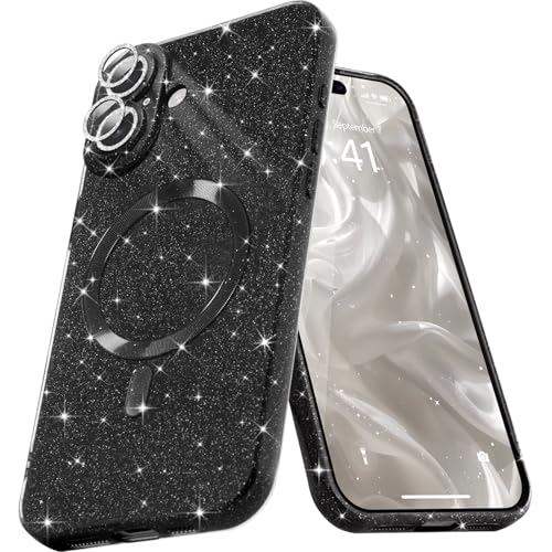 Micoden Glitzer Hülle für iPhone 16,kompatibel mit MagSafe [Diamant Kamera Schutzfolie] Kameraschutz Magnetische Handyhülle Dünne Weich Silikon TPU Case Mädchen Stoßfeste Schutzhülle,Schwarz von Micoden