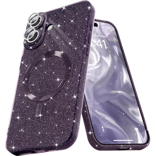 Micoden Glitzer Hülle für iPhone 16,kompatibel mit MagSafe [Diamant Kamera Schutzfolie] Kameraschutz Magnetische Handyhülle Dünne Weich Silikon TPU Case Mädchen Stoßfeste Schutzhülle,dunkellila von Micoden