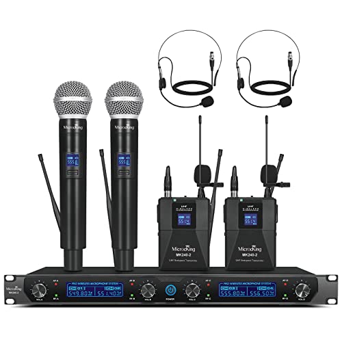 MicrocKing funkmikrofon set UHF 4-Kanal kabelloses Mikrofon set mit Handmikrofonen/Lavalier Bodypacks, Metallgehäuse, Festfrequenz, große Reichweite, ideal für Karaoke/Party/Hochzeit/Konzert (MK240-2) von MicrocKing
