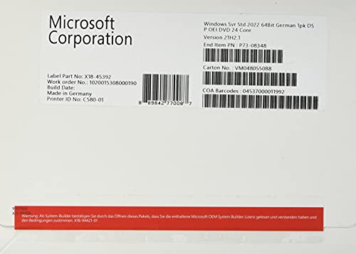 Microsoft Windows Server 2022 Std. x64 24Core [DE] DVD, P73-08348 von Microsoft