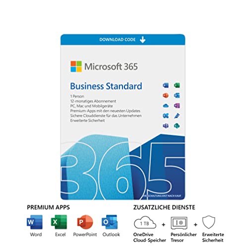 Microsoft 365 Business Standard | 1 Nutzer | 5 PCs/Macs, 5 Tablets und 5 mobile Geräte | 1 Jahresabonnement | Download Code von Microsoft