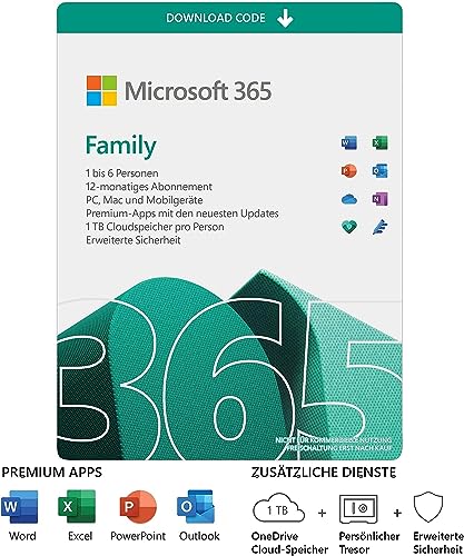 Microsoft 365 Family (inkl. Microsoft Defender) | 6 Nutzer | Mehrere PCs/Macs, Tablets und mobile Geräte | 1 Jahresabonnement |Download Code | Ohne Zusatz-Angebot | Aktivierungscode per Email von Microsoft