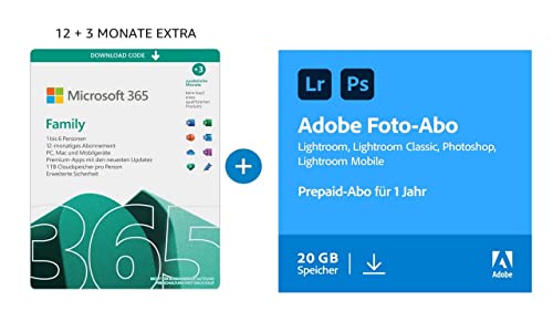 Microsoft 365 Family 12+3 Monate | 6 Nutzer | Mehrere PC/Mac, Tablet und mobile Geräte + Adobe Creative Cloud Foto-Abo mit 20GB: Photoshop und Lightroom | 1 Jahreslizenz | Aktivierungscode per Email von Microsoft