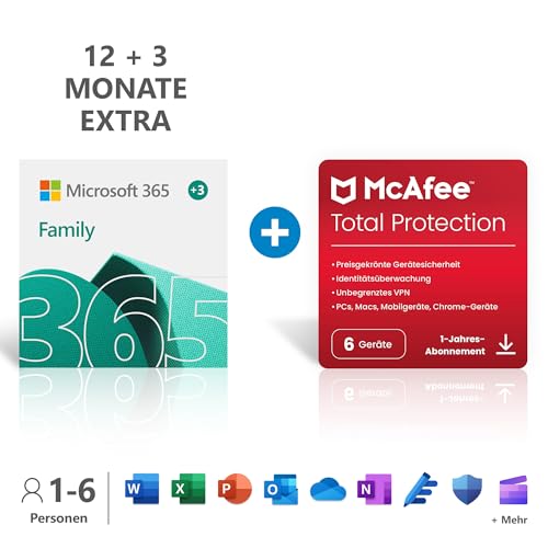 Microsoft 365 Family 12+3 Monate Abonnement | 6 Nutzer | Mehrere PCs/Macs, Tablets/mobile Geräte |Download Code + McAfee Total Protection |6 Geräte |12 Monate Abonnement | Download Code von Microsoft