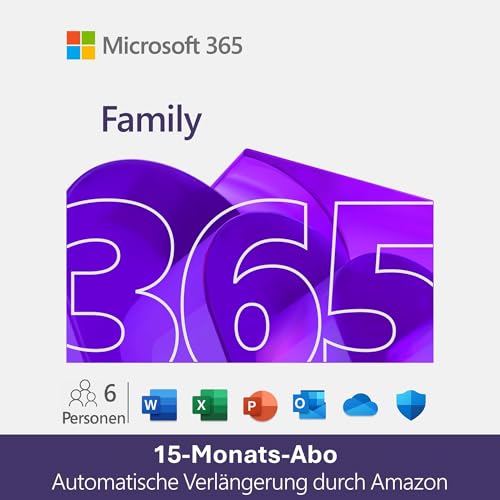 Microsoft 365 Family | 15 Monats-Abo mit automatischer Verlängerung, bis zu 6 Nutzer | Word, Excel, PowerPoint | bis zu 6 TB OneDrive Cloudspeicher | PC/Mac & mobile Geräte | Amazon Abonnement von Microsoft