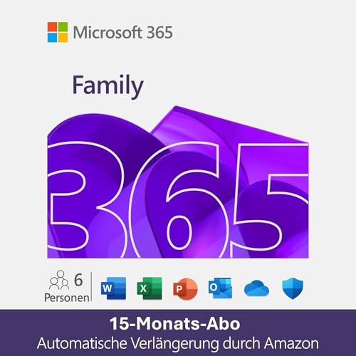 Microsoft 365 Family | 12+3 Monate mit automatischer Verlängerung, bis zu 6 Nutzer | Word, Excel, PowerPoint | 1TB OneDrive Cloudspeicher | PCs/Macs & mobile Geräte | Aktivierungscode per E-Mail von Microsoft