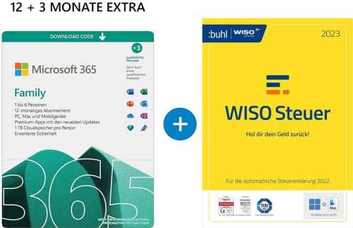 Microsoft 365 Family 12+3 months subscription | 6 users | Multiple PCs/Macs, Tablets/mobile devices | Download Code + WISO Steuer 2023 (für Steuerjahr 2022) | Aktivierungscode per Email von Microsoft