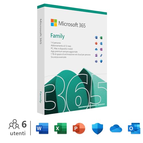 Microsoft 365 Family | 12 Monate, bis zu 6 Nutzer | Word, Excel, PowerPoint | 1TB OneDrive Cloudspeicher | PCs/Macs & mobile Geräte | Italienisch Box von Microsoft
