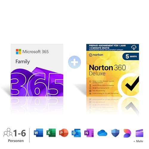 Microsoft 365 Family │ 1 Jahr │ bis zu 6 Personen │ Office Apps mit KI | bis zu 6 TB Cloudspeicher + Norton 360 Deluxe | 5 Geräte | Aktivierungscode per E-Mail Microsoft 365 Family │ 1 Jahr │ bis zu 6 Personen │ Office Apps mit KI | bis zu 6 TB Cloudspeicher + Norton 360 Deluxe | 5 Geräte | Aktivierungscode per E-Mail von Microsoft